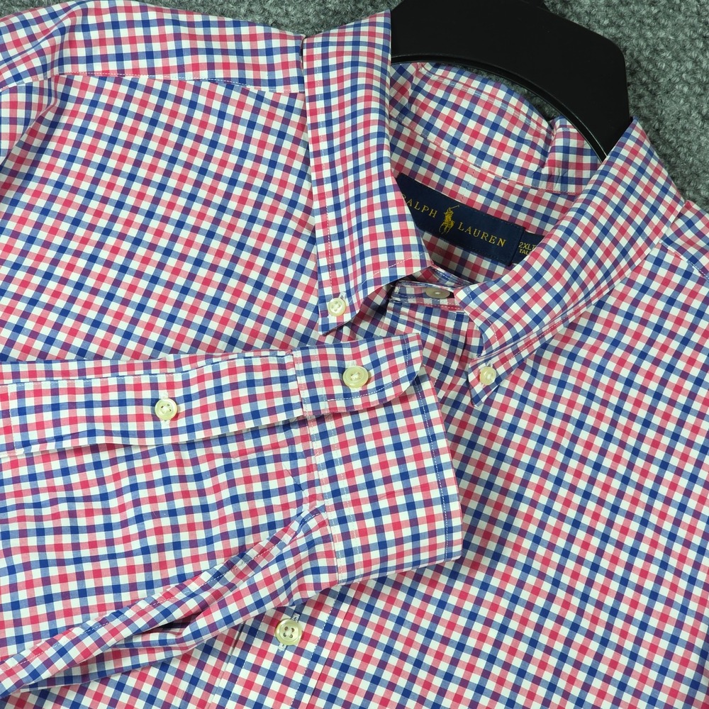 Ralph Lauren Mens Gingham Button Down Shirt Red Blue Plaid Long Sleeve 2XLT‎